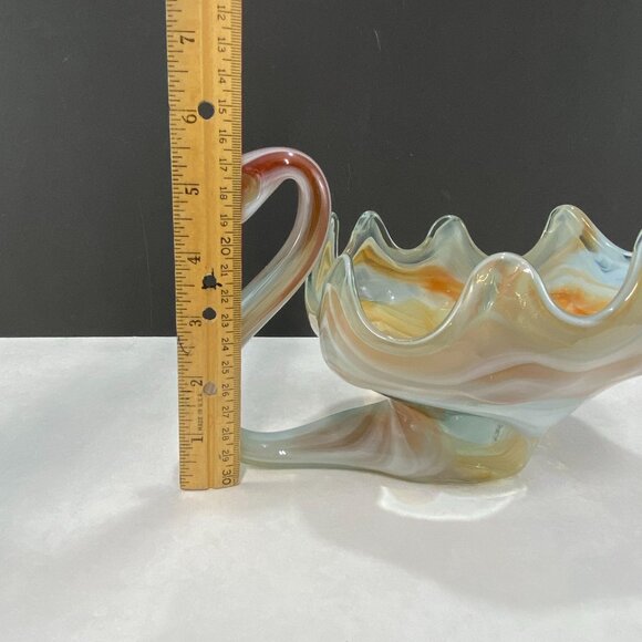 Vintage Blown Art Glass Swan Bowl Sooner Style Orange White - Picture 8 of 10